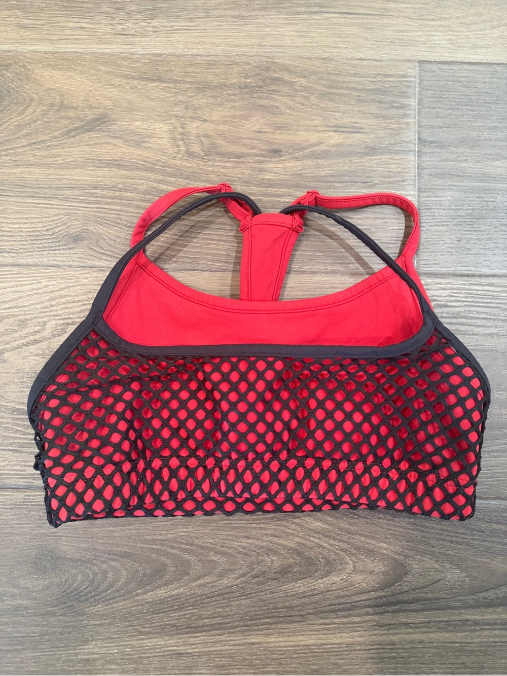 Violate the Dress Code Red Sports Bra with Black Mesh fishnet Overlay M